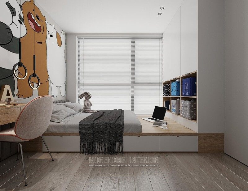 Mẫu giường ngủ hiện đại gỗ An Cường được thiết kế khá tinh tế, nối liền với phần tủ quần áo giúp tiết kiệm tối đa diện tích cho căn phòng